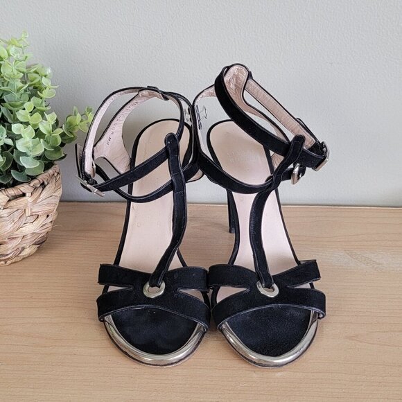 Stuart Weitzman T Strap Black Suede Double Ankle Buckle Strappy Heels Sandals - Picture 3 of 16